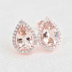 Pear Morganite With Round Natural Earth Mined Diamonds 13.80 Ct Studs Earring Gold 14K
