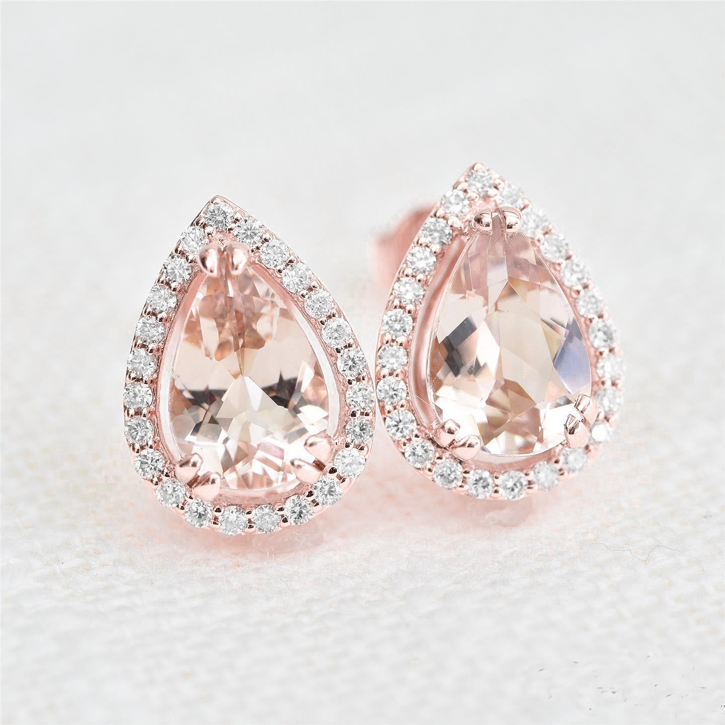 Pear Morganite With Round Diamonds   Best amazing weeding   Studs Earring Gold