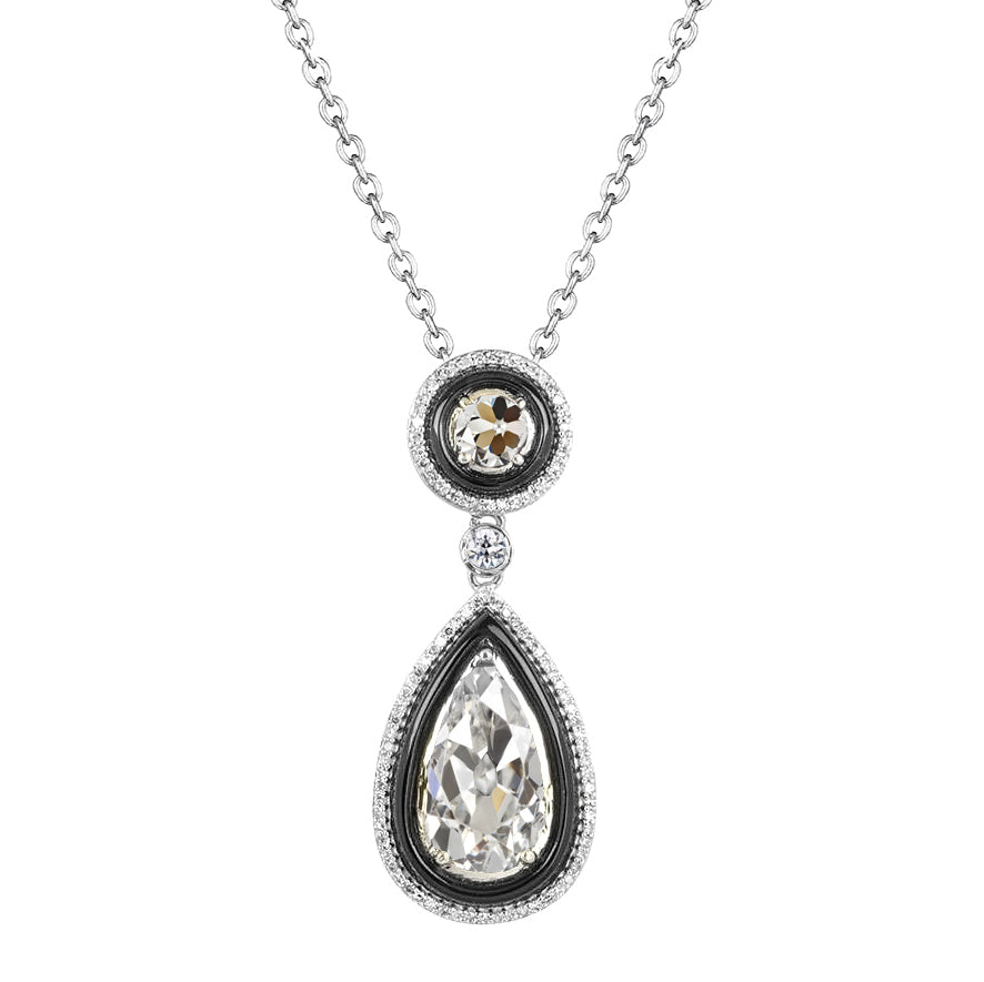 Pear Old Cut 2 Ct Diamond Pendant Black & White Gold With Chain
