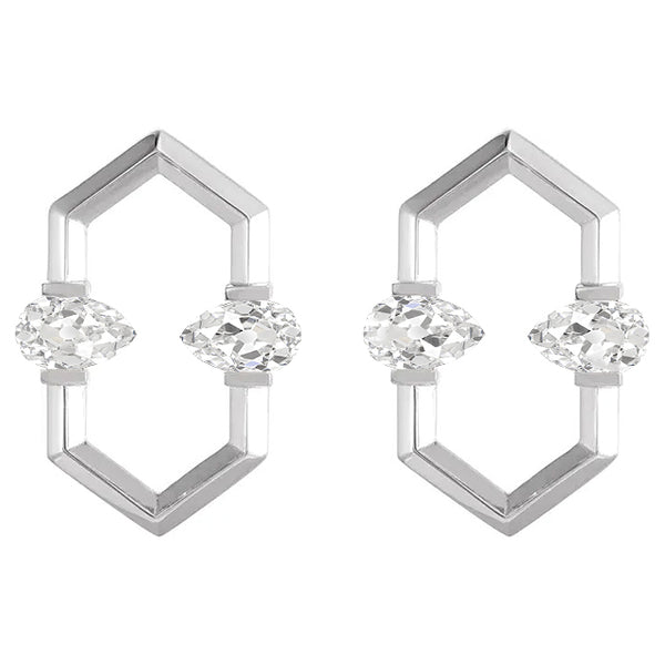 Pear Old Cut Hexagon Shape Diamond Stud Earrings 4 Carats White Gold