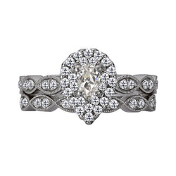Pear Old Mine Cut Diamond Halo Wedding Ring Set Milgrain 4 Carats