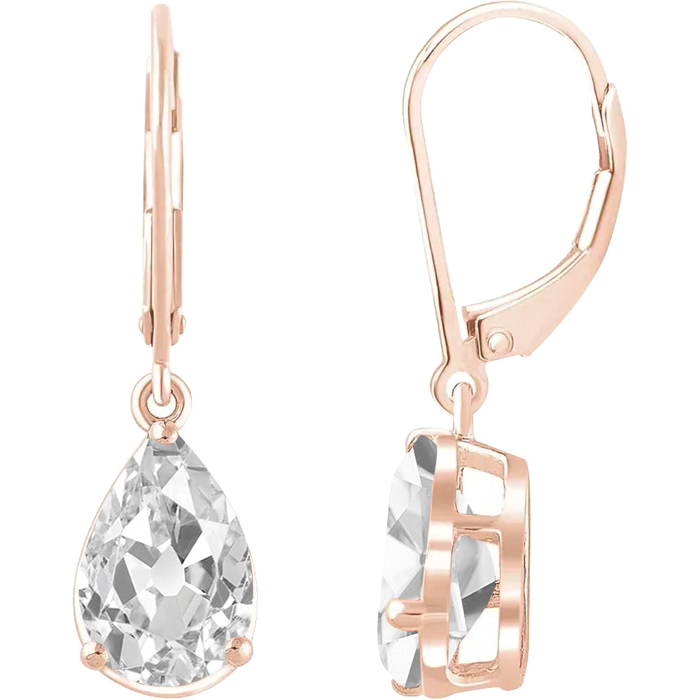 Pear Old Mine Cut Diamond Leverback Earrings Basket Style 4 Carats 