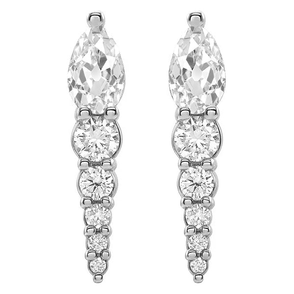 Pear Old Miner & Round Drop Diamond Earrings White Gold 8 Carats 