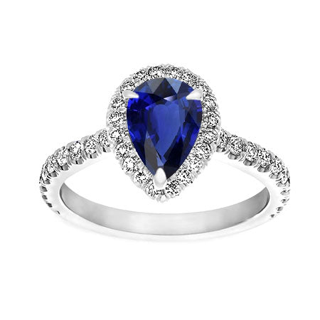 Pear Shaped Sapphire Ring 2.50 Ct Halo Prong Set Diamonds