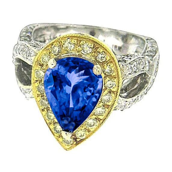 Pear Tanzanite And Diamonds Unique Lady’s  Antique Style Ring Two Tone Gold