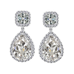 Pear & Cushion Old Mine Cut Real Diamond Halo Drop Earrings 6.50 Carats