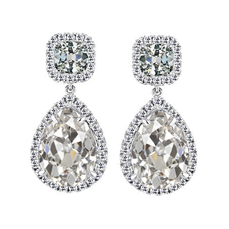 Pear & Cushion Old Mine Cut Diamond Halo Drop Earrings 6.50 Carats