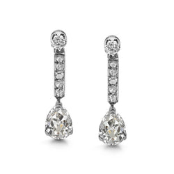 Pear & Round Old Cut Diamond Drop Earrings 14K White Gold 3 Carats