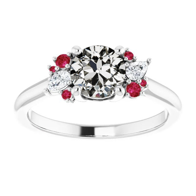 Unique Ladies Pear & Round Old Mine Cut Diamond & Ruby Ring
