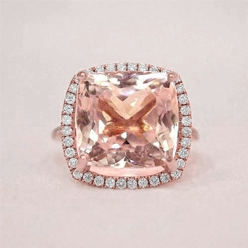 Pink Cushion Morganite Natural Earth Mined Diamond Wedding Ring 22.50 Carats Rose Gold 14K