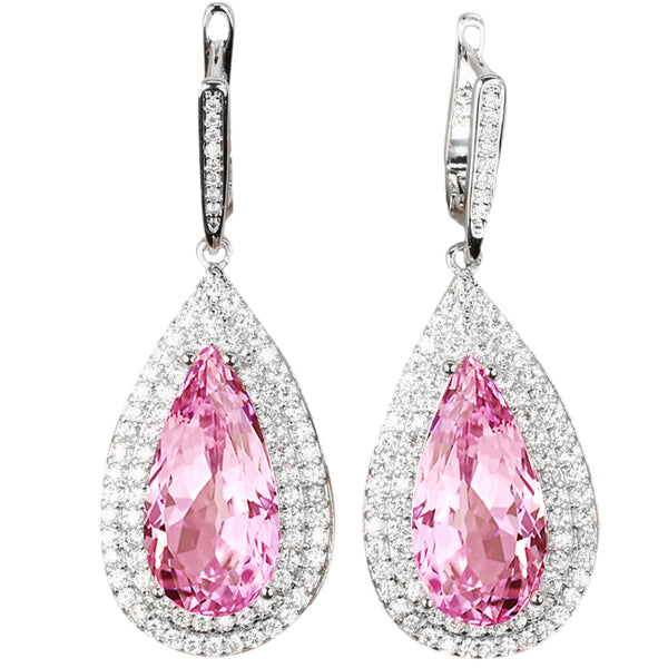 Woman's  Weeding Pink Kunzite And Diamond Lady Dangle Earring Fine Gold Jewelry