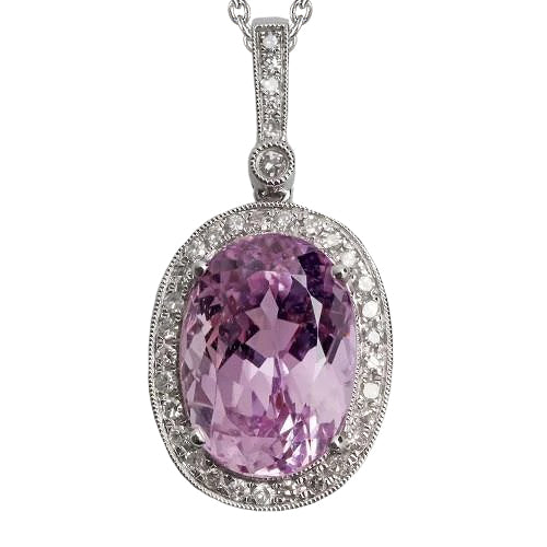 Pink Kunzite And Natural Earth Mined Diamond Pendant White Gold 14K Lady Jewelry 9 Ct