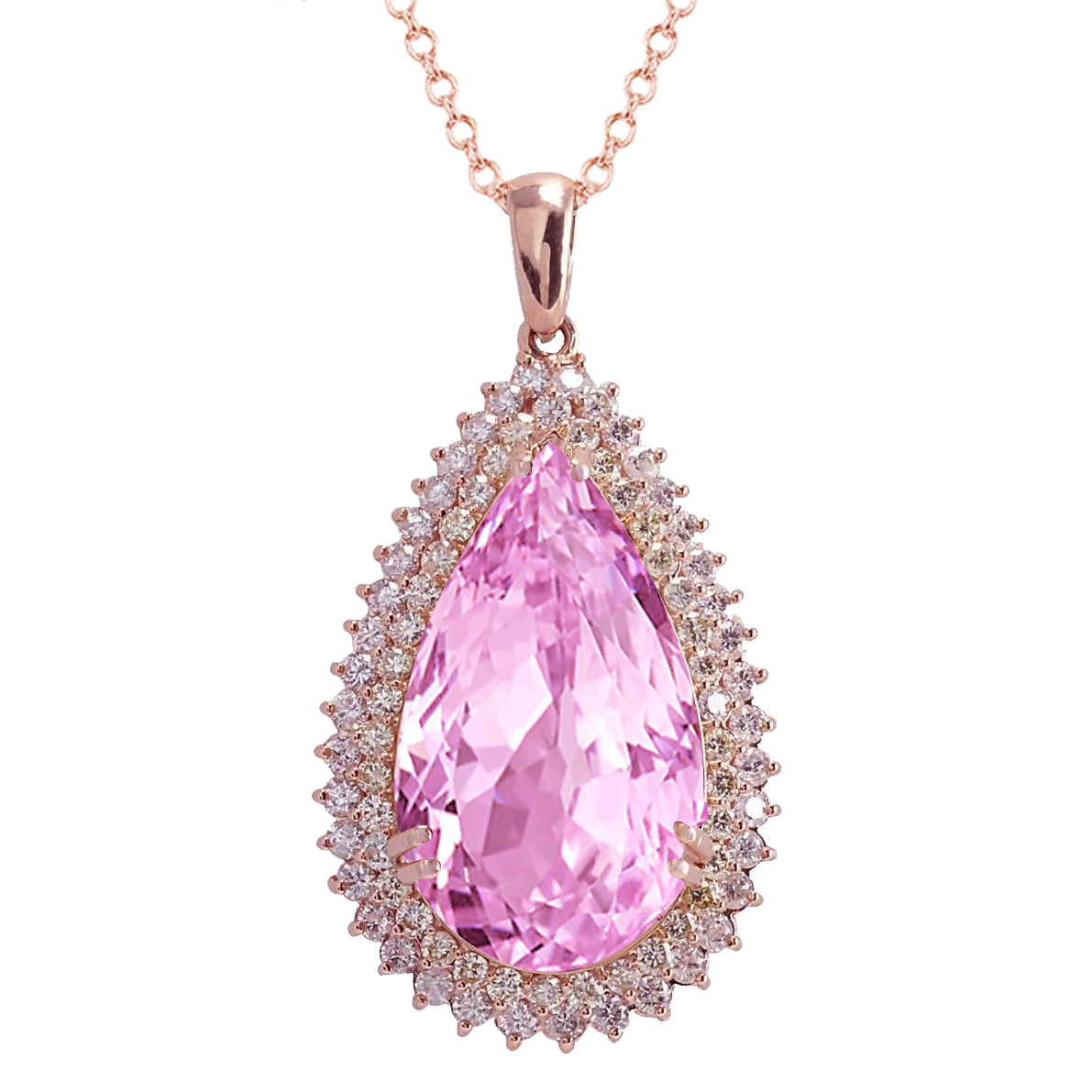 Pink Kunzite With Natural Earth Mined Diamonds 25.35 Ct Pendant Necklace Rose Gold 14K