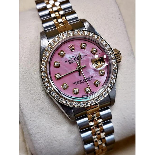 Rolex Ladies 18K Yellow Gold Pink Dial set Diamond Watch