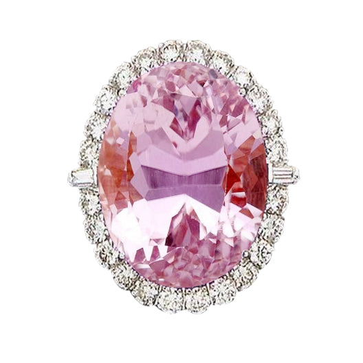 Lady’s Brilliant Pink Natural Kunzite With Diamond Wedding Ring White Gold