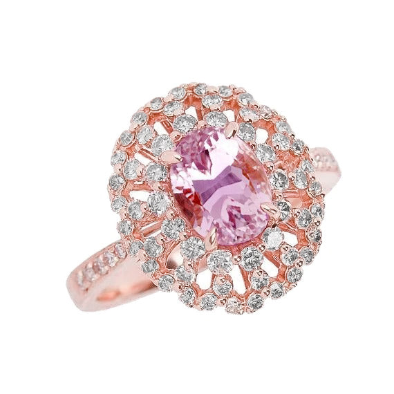 Brilliant Engagement Pink Oval Cut Kunzite Diamond Ring Lady Rose Gold Jewelry