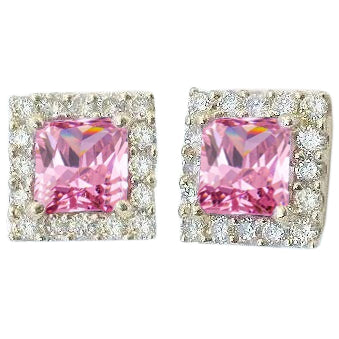 Pink Sapphire Woman's  Weeding Anniversary  Ladies Stud Halo Earrings White Gold