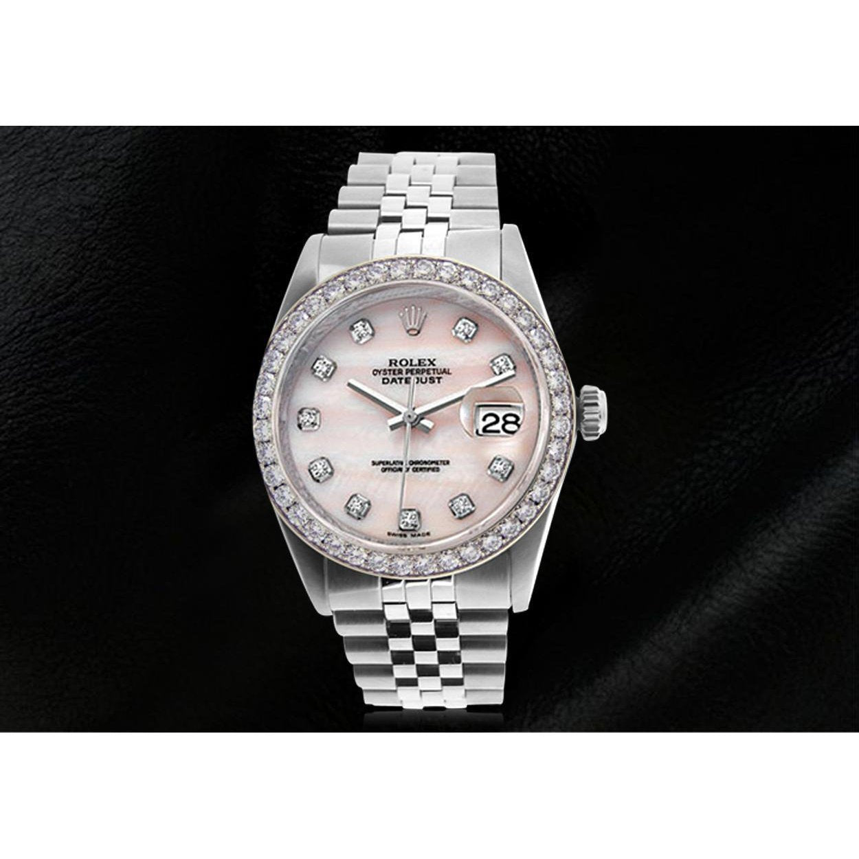 Pink Mop Diamond Dial Rolex Datejust Watch Oyster Perpetual Bezel Diamond Unisex Rolex