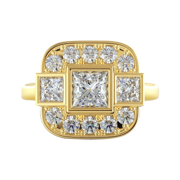 Princess And Round Diamond Wedding 2.15 Carats Ring Yellow Gold 18K