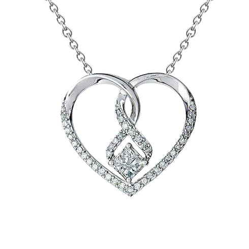 Princess & Round Shaped Natural Earth Mined Diamond Heart Pendant 1.39 Carat White Gold 14K