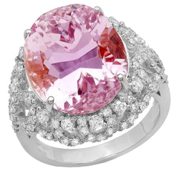 Prong Set 36.75 Ct Pink Kunzite With Diamonds Ring White Gold 14K