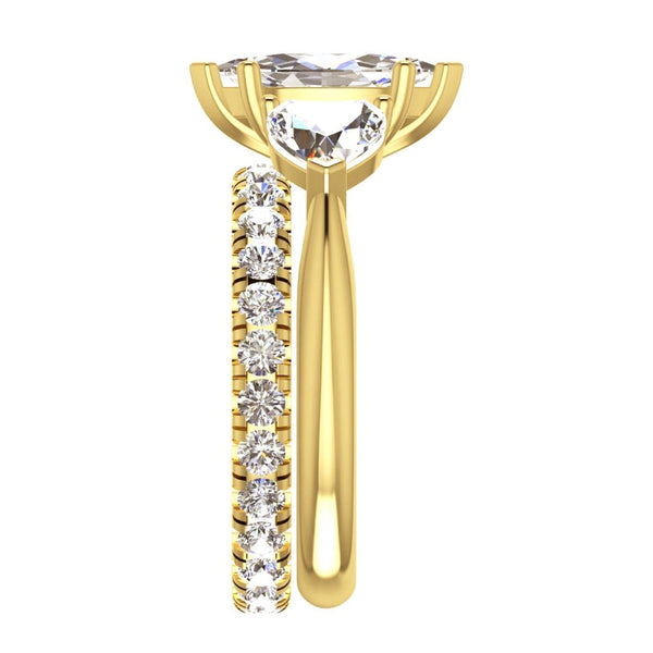 Prong Set Engagement Ring Set 3 Stone Marquise & Heart Diamonds Yellow Gold