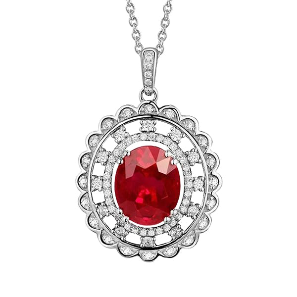 Prong Set Red Ruby And Natural Earth Mined Diamonds 3 Ct Pendant With Chain White Gold