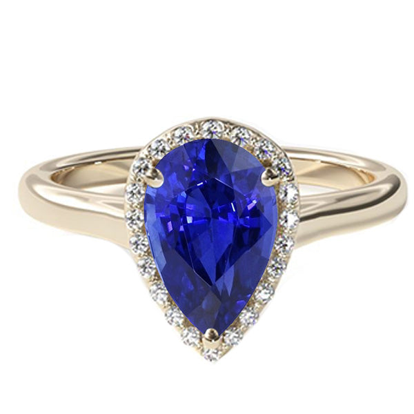 Engagement  Best Amazing Stylish womans Halo Ring Pear Cut Blue Sapphire & Diamonds