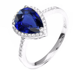 Gold Halo Ring Pear Ceylon Sapphire & Pave Set Natural Earth Mined Diamonds 3.75 Carats