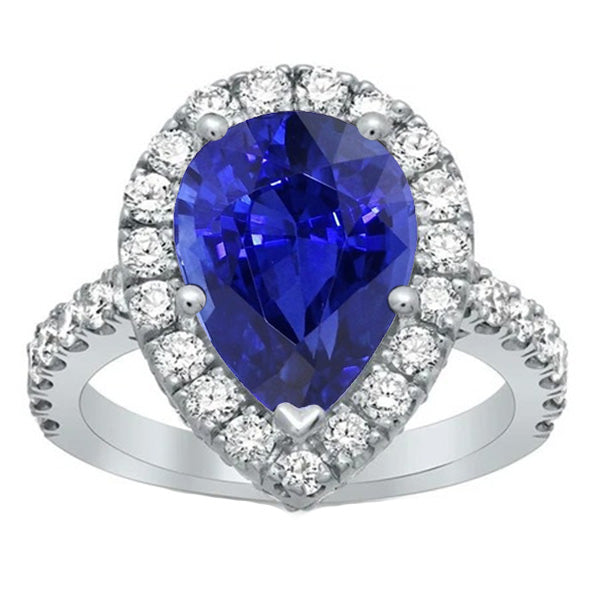 Ladies Stylish Halo White Gold Ring Pear Sri Lankan Sapphire & Diamonds