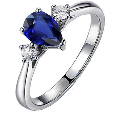 Engagement 3 Stone Ring Pear Blue Sapphire & Natural Earth Mined Diamonds 2.50 Carats