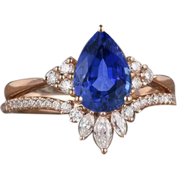 Half bazel fancy Engagement  Diamond Wedding Ring Set Blue Sapphire Marquise & Round