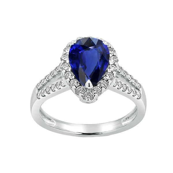 Female new Anniversary Women Halo Ring Split Shank Pear Ceylon Sapphire & Diamonds