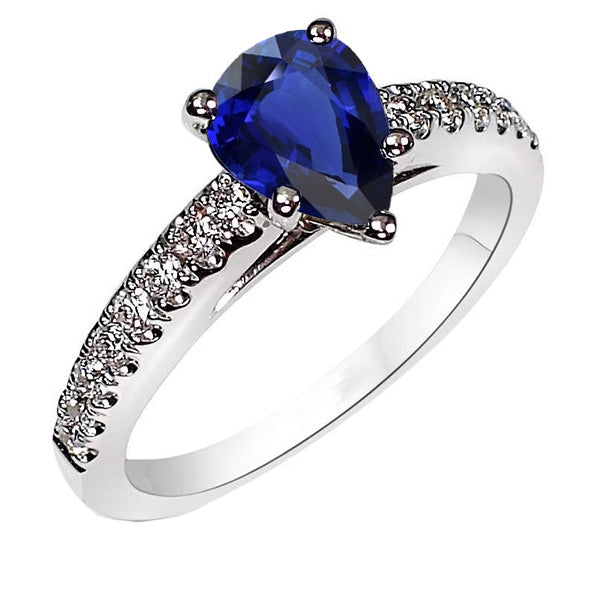 Female new Anniversary Solitaire With Accents Ring Teardrop Style Blue Sapphire