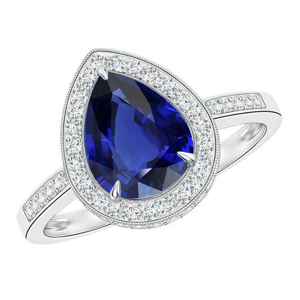 Female new Anniversary Halo White Gold Ring Pear Pave Set Diamond Blue Sapphire