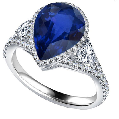 Halo Gold Ring Female new Anniversary  Blue Sapphire With Diamond Side Stones