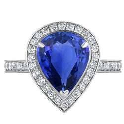 Women Halo Wedding Ring Pear Blue Sapphire & Natural Earth Mined Diamonds 4.50 Carats