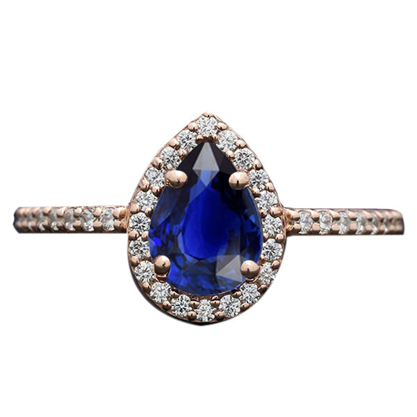 Fancy Stylish Rose Gold Halo Blue Sapphire Ring Pear Cut & Diamond Accented