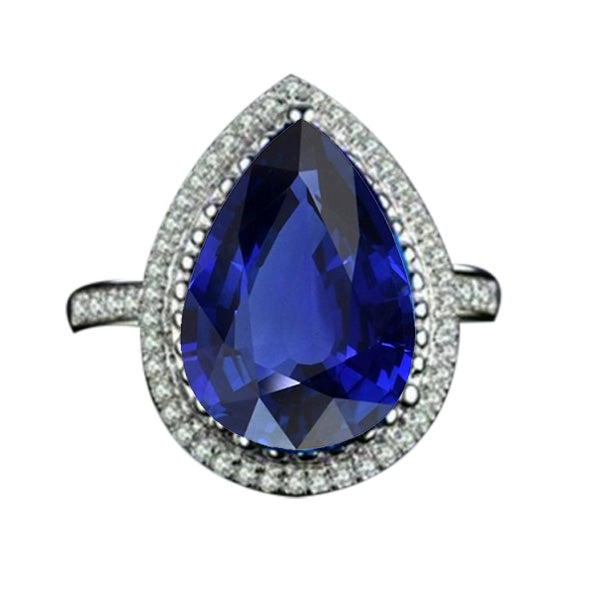 New Stylish Pear Halo Ring Ceylon Sapphire Jewelry With Accents