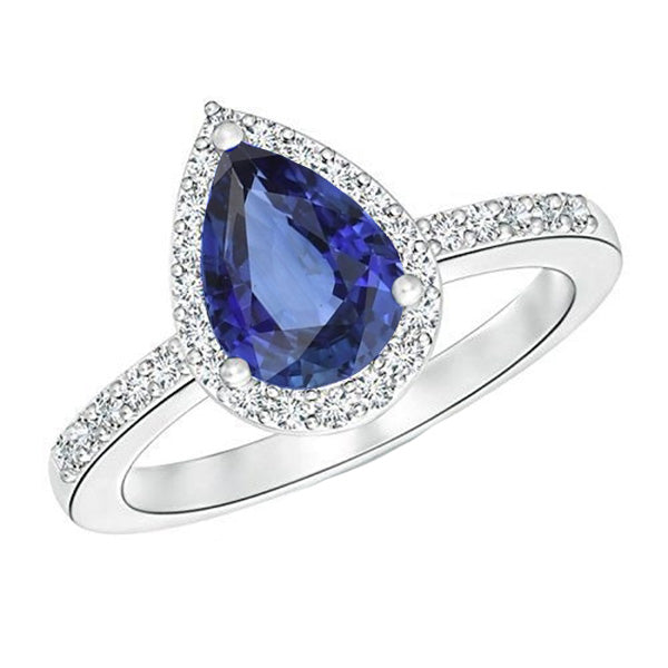 LAdies Stylish White Gold Halo Wedding Ring Jewelry Blue Sapphire & Diamonds