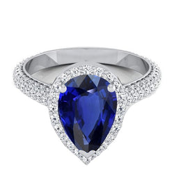 Women's Ring Halo Ceylon Sapphire & Pave Set Round Natural Earth Mined Diamonds 4 Carats