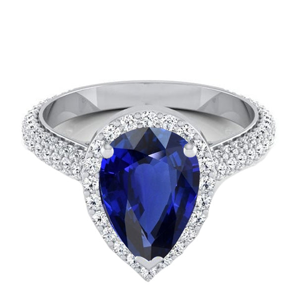 Women's Ring Halo Ceylon Sapphire & Pave Set Round Natural Earth Mined Diamonds 4 Carats