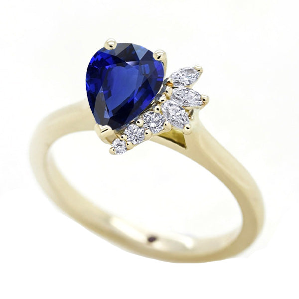 Women Jewelry Sparkling Unique   Blue Sapphire Gemstone Ring With Round & Marquise Accents