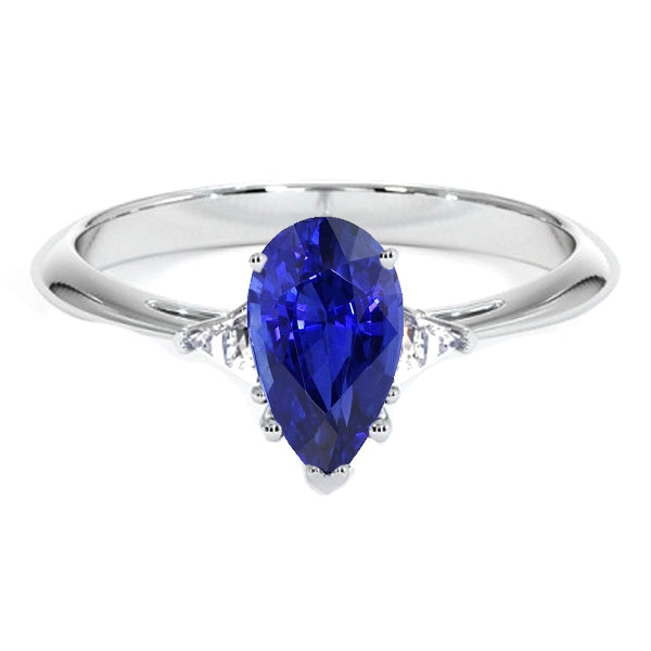 Women Jewelry Sparkling Unique White Gold 3 Stone Ring Blue Sapphire & Trillion Diamonds  