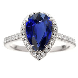 Anniversary Halo Ring Pear Cut Ceylon Sapphire & Natural Earth Mined Diamonds 4.50 Carats