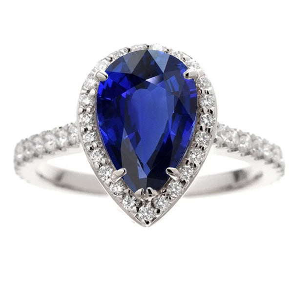 Lady’s Brilliant Engagement  Anniversary Halo Ring Pear Cut Ceylon Sapphire & Diamonds 