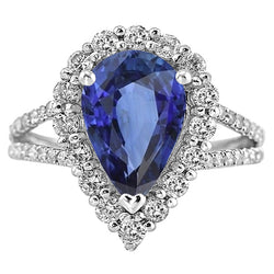 Halo Natural Earth Mined Diamond Ring Pear Sri Lankan Sapphire 5.50 Carats Split Shank