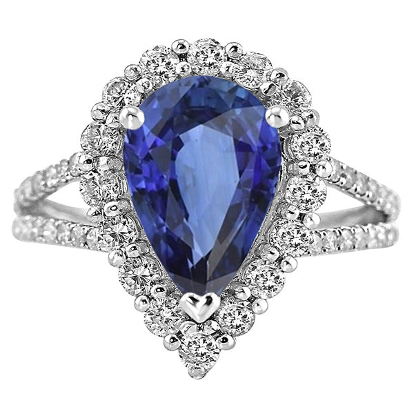 Lady’s Brilliant Engagement   Diamond Ring Pear Sri Lankan Sapphire