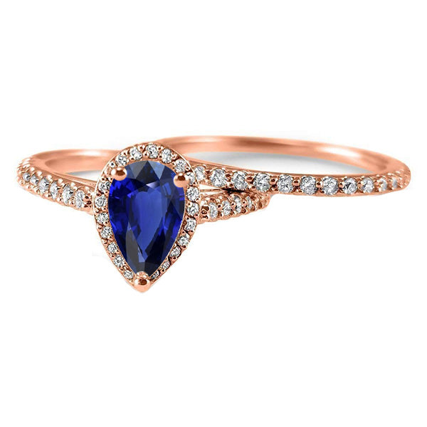 Halo Natural Earth Mined Diamond Wedding Ring Set Blue Sapphire & Diamonds 4.50 Carats
