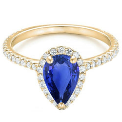 Women Halo Natural Earth Mined Diamond Ring Pear Sri Lankan Sapphire 5 Carats